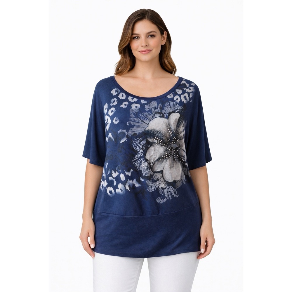 Agenda Blouse Top Large Blue Beaded Floral Cheetah‎ Print Whimsy Artsy Bohemian